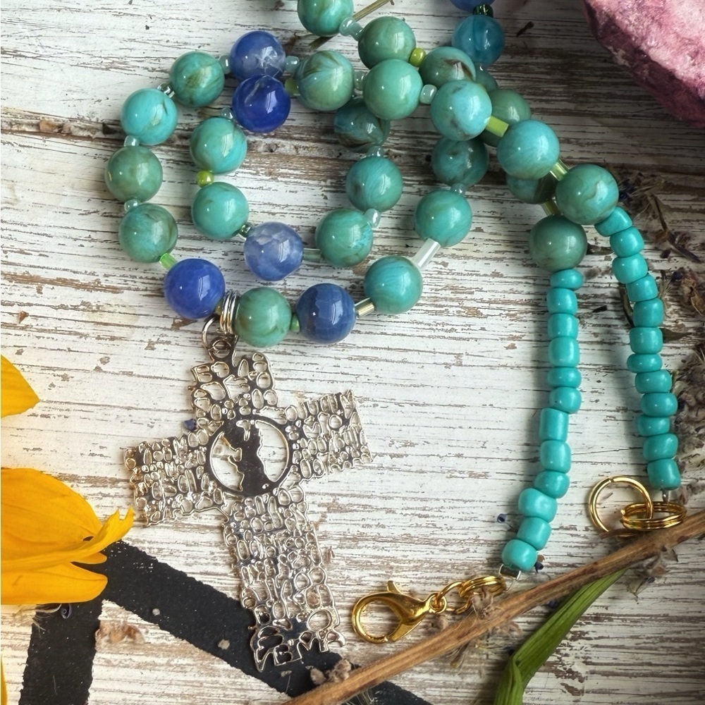 Alquimia Turquoise and Blue Beaded Necklace with Silver Cross